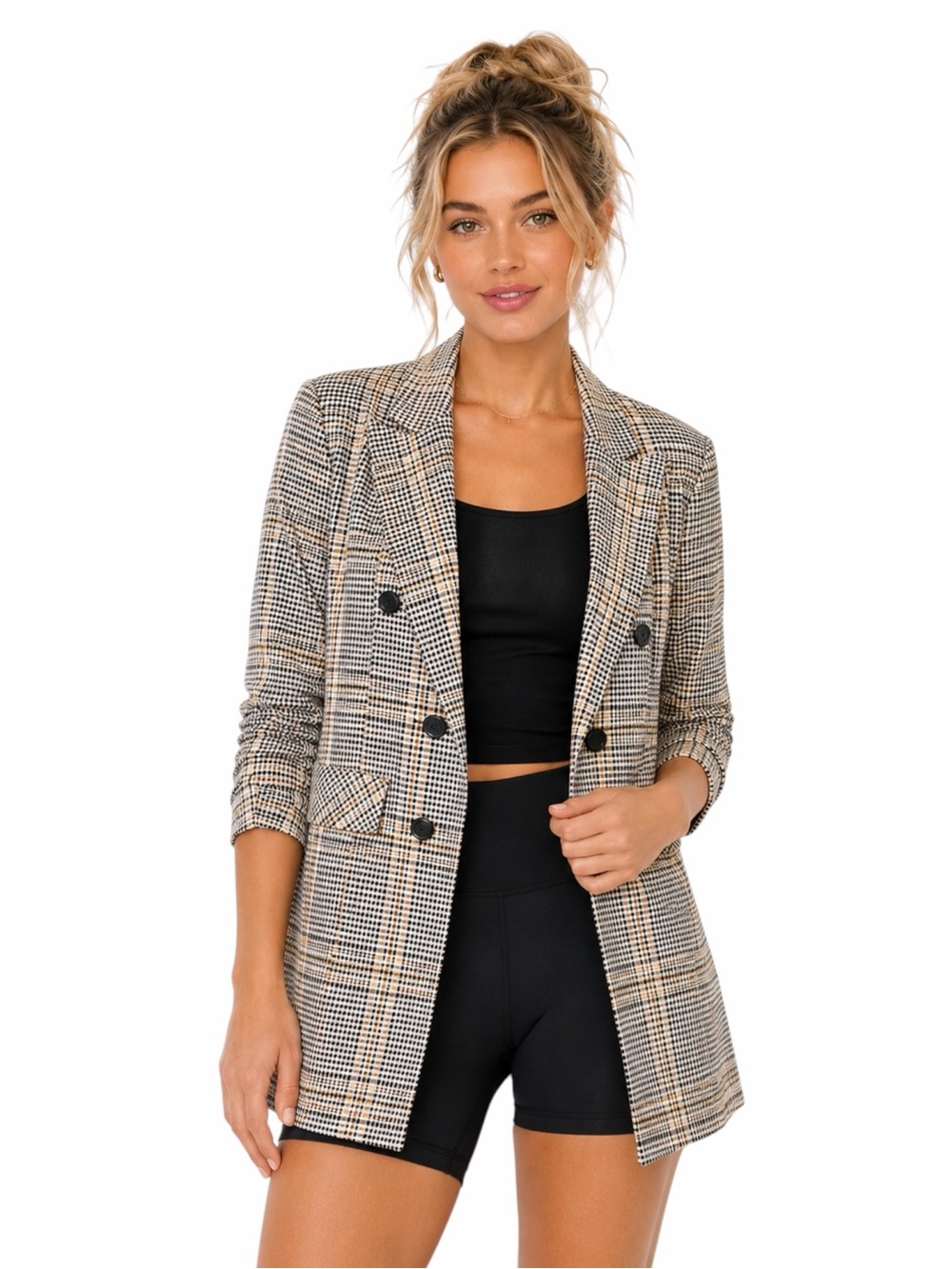1.STATE – Longline Plaid Ruched Sleeve Double Breasted Blazer – Glen Check – Sz.